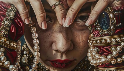 Using a mix of oil and acrylic, create an intricate close-up illustration featuring opulent details like velvet and pearls intertwined with extreme sports paraphernalia, blurring the lines of reality