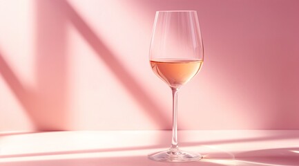 Glass of pink wine against a pink background with light and shadow creating a minimalist style.