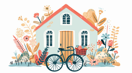 Small tiny houses with Bicycles and full of Flowers bucket