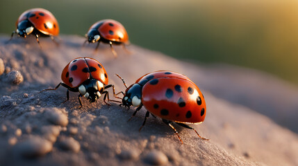Obraz premium Sunset scene, red ladybug photo, macro ladybug photo close-up of ladybugs crawling back and forth