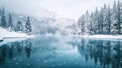 serene winter lake landscape with snowcovered trees and frozen water tranquil nature scene