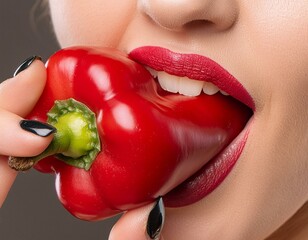 schöne frau mit schöne Lippen weißen zähne beisst in einen roten Paprika.