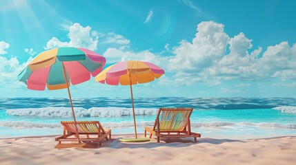 two sun loungers with colorful parasols on sandy beach summer vacation concept 3d illustration