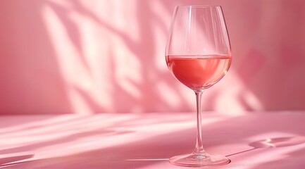 Glass of pink wine against a pink background with light and shadow creating a minimalist style.