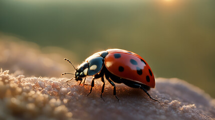 Fototapeta premium Sunset scene, red ladybug photo, macro ladybug photo close-up of ladybugs crawling back and forth