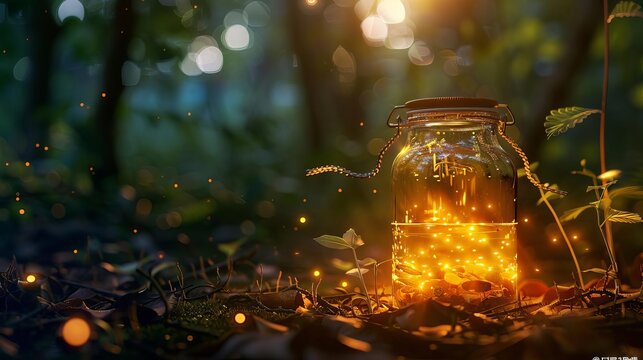 mysterious glowing light emanating from glass jar on forest floor enchanting fairy tale scene generative ai art