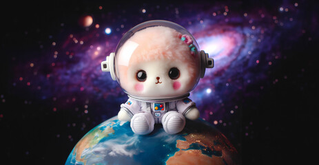 Obraz premium Cute doll wearing a space suit, Galaxy background, stars, planets