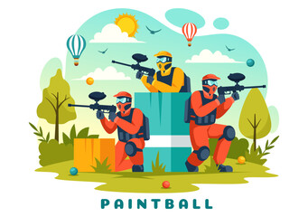 People Playing Paintball Vector Illustration of Fighter Player Shooting with Gun Shoot, Aim, Attack in Field Scene in Flat Cartoon Background
