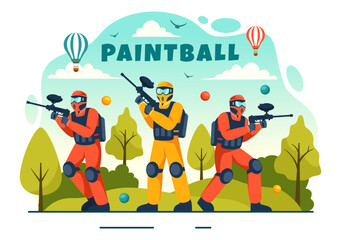 Fototapeta premium People Playing Paintball Vector Illustration of Fighter Player Shooting with Gun Shoot, Aim, Attack in Field Scene in Flat Cartoon Background