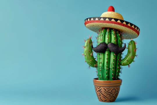 A Mexican cactus character wearing a traditional sombrero and mustache