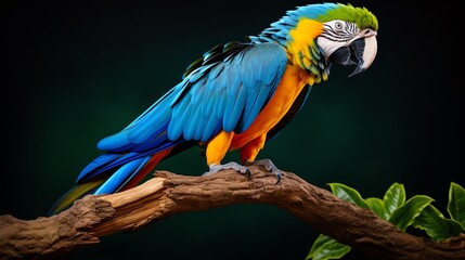 A colorful parrot perched on a wooden branch, with a vivid blue and green plumage, photographed on an isolated white background to accentuate its exotic beauty.