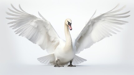 A serene white swan with its wings slightly spread, elegantly positioned against an isolated white background, symbolizing grace and tranquility.