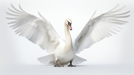 Fototapeta premium A serene white swan with its wings slightly spread, elegantly positioned against an isolated white background, symbolizing grace and tranquility.