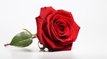 A single red rose with dew on its petals, presented in a minimalist style against an isolated white background, emphasizing romance and beauty.