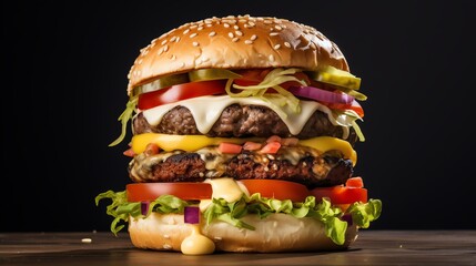 A single gourmet burger with all the toppings visibly layered, set against an isolated white background, focusing on its juiciness and appealing presentation.