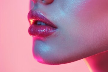 A kiss lips in pink shot from under nose to shoulder person female human.