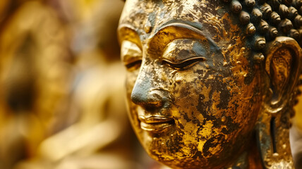 The serene face of a golden Buddha statue, showing the beauty of age and weathering, captured in a close-up view.
