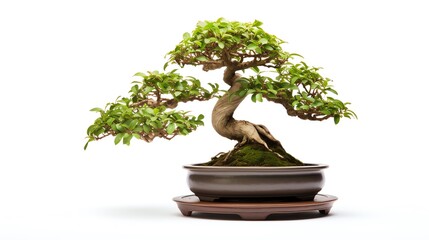 Bonsai tree in a classic ceramic pot, photographed on an isolated white background, illustrating the art of bonsai cultivation and its miniature beauty.