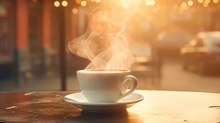 Cinemagraph of a steaming cup of coffee on a busy morning cafe table, with the steam moving subtly, creating a captivating and serene moment.