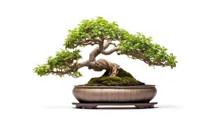Bonsai tree in a classic ceramic pot, photographed on an isolated white background, illustrating the art of bonsai cultivation and its miniature beauty.