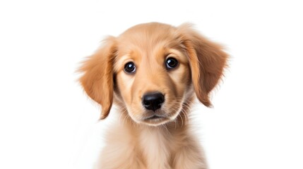 Close-up image of a golden retriever puppy on an isolated white background, focusing on the fluffy texture of its fur, ideal for pet advertisements.