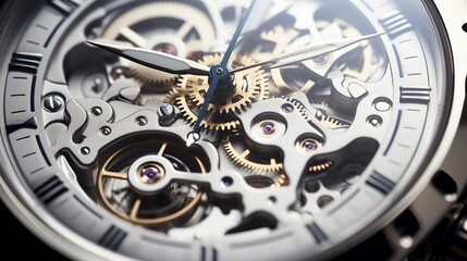 Close-up shot of a mechanical wristwatch with intricate details, positioned on an isolated white background, emphasizing precision and luxury.