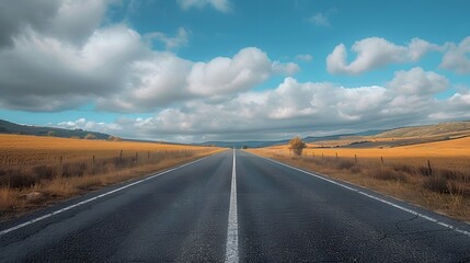 Naklejka premium An empty road leading into the distance, with clouds in the sky and fields on both sides. Creating a sense of calmness and focus.