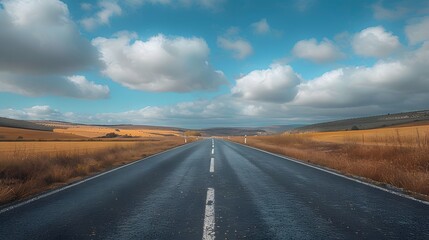 Naklejka premium An empty road leading into the distance, with clouds in the sky and fields on both sides. Creating a sense of calmness and focus.