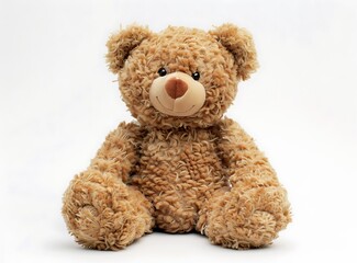photo of cute brown teddy bear toy isolated on a white background in a high resolution photography style