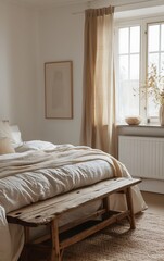 Small bedroom with Scandinavian style, a wooden bench at the foot of the bed, a window in the background, white walls, the window has light brown curtains, cozy, neutral colors