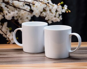 Two white coffee mugs mockup, one on the left and another mug on the right side of the picture