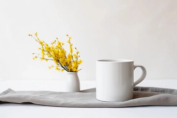  White blank mug mockup on gray linen napkin with yellow flowers in a vase