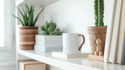 Photo of modern interior design closeup photo of white shelf with books and wooden figurine on the right side cactus in pot behind