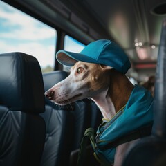 A dog wearing a baseball cap and a blue jacket is sitting in a bus, looking out the window.