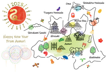 青森県の観光地のイラストマップ年賀状2025年 - obrazy, fototapety, plakaty