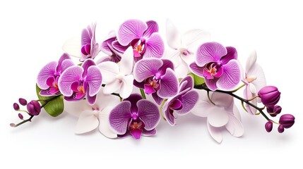 Obraz premium Exotic orchid with vibrant purple and white flowers, elegantly displayed against an isolated white background, ideal for themes of luxury and delicacy.