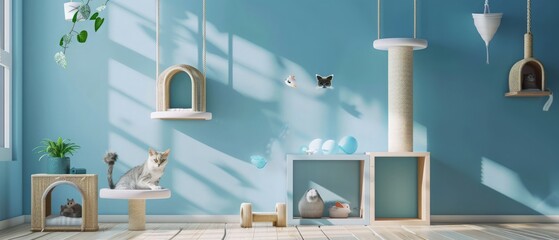 Cat's room interior in blue wall with cat house and cat condo, room designed for cat, 3d rendering