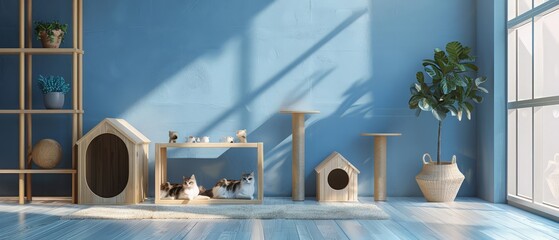 Cat's room interior in blue wall with cat house and cat condo, room designed for cat, 3d rendering