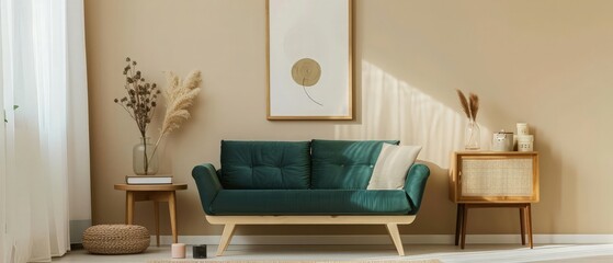 Classic space of living room with mock up poster, bottle green sofa, elegant wooden stand, plants, box, glass vase with dried flowers and personal accessories. Beige wall. Home decor. Template.