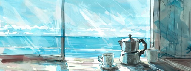 Colorful pencil sketch coffee pot, mugs, window in background overlooking the ocean