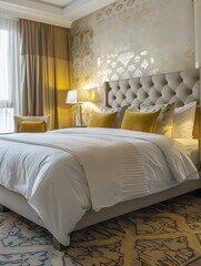 The master bedroom of the luxury hotel room with a king bed, night stand and lamps, wallpaper on the walls in neutral colors, carpeted floor, modern furniture and yellow pillows