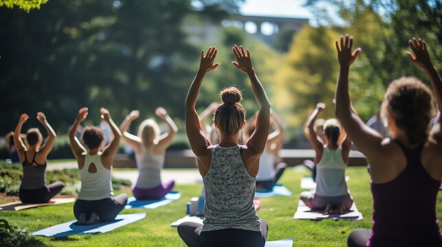 Health and wellness event with participants of all ages and body types practicing yoga together in a park, emphasizing inclusivity in fitness and well-being.