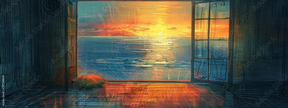 Poster Colorful pencil sketch window in background overlooking the ocean