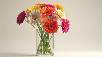 A cluster of vibrant gerbera daisies arranged in a translucent glass vase, capturing the essence of summer.