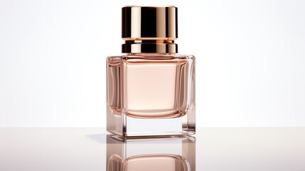 Professional studio photo of a high-end cosmetic bottle, perfectly lit with a sleek reflection on an isolated white backdrop, suitable for beauty product marketing.