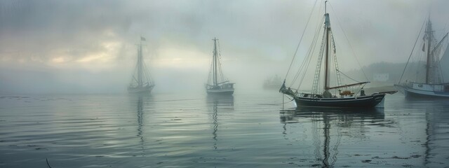 foggy, raining morning, new england coastline, clean line