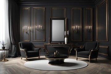  Classic black modern interior empty room with lounge armchairs, table and mirrors. 3d render illustration mock-up design. 