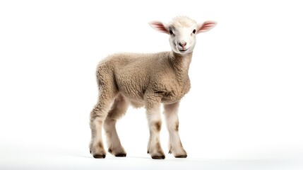 Young lamb standing in a relaxed pose, photographed against an isolated white background, showcasing its innocence and soft wool texture.