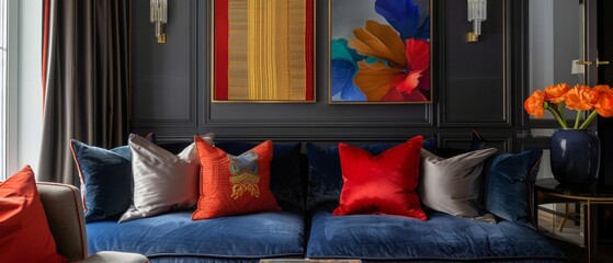 Contemporary decor, bold colour palette, luxurious textiles