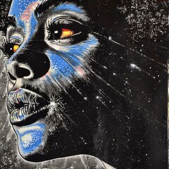 A close up of a woman's face with stars and galaxies painted on it.